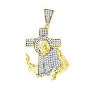 925 Sterling Silver Yellow-tone Mens CZ Jesus Cross Religious Charm Pendant