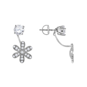 925 Sterling Silver Womens Cubic Zirconia Flower Earring Jacket With Studs