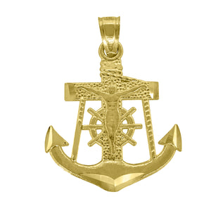 14kt Yellow Gold Unisex Diamond-cut Anchor Cross Crucifix Religious Pendant Charm
