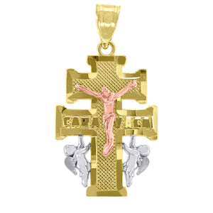14kt Gold Unisex Tri-color Diamond-cut Cross Caravaca Angels Crucifix Religious Pendant Charm