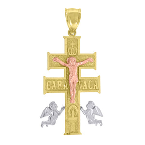 14kt Gold Unisex Tri-color Diamond-cut Cross Caravaca Crucifix Angels Religious Pendant Charm