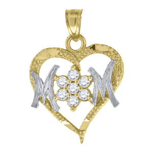 10kt Gold Two-tone Cubic-zirconia Womens Heart Mother Ht:22.6mm x W:16mm Mom Charm Pendant