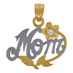 10kt Gold Two-tone Cubic-zirconia Womens Flower Ht:20.5mm x W:18.7mm Mom Charm Pendant