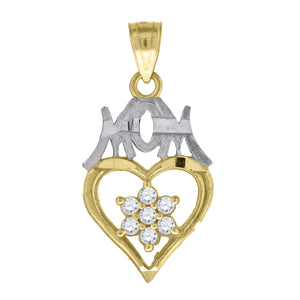 10kt Gold Two-tone Cubic-zirconia Womens Heart Flower Ht:27.7mm x W:14.6mm Mom Charm Pendant