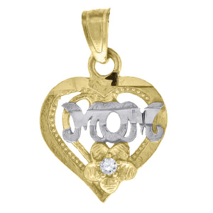 10kt Gold Two-tone Diamond-cut Cubic-zirconia Womens Flower Heart Ht:19mm x W:12.7mm Mom Charm Pendant