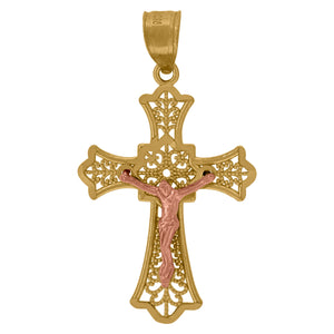 10kt Gold Two-tone Diamond-cut Unisex Cross Crucifix Ht:30.7mm x W:18.2mm Religious Charm Pendant