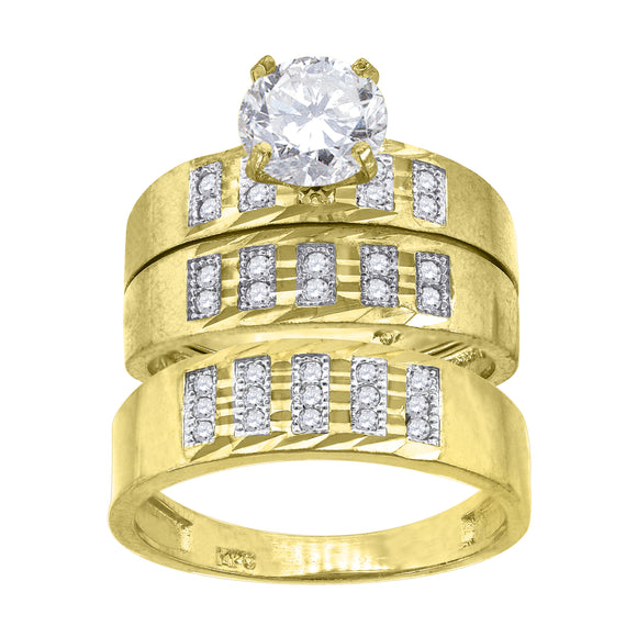 14kt Gold Womens Two-Tone Diamond-cut CZ Trio His Hers Center Stone Wedding Bridal Set Ring