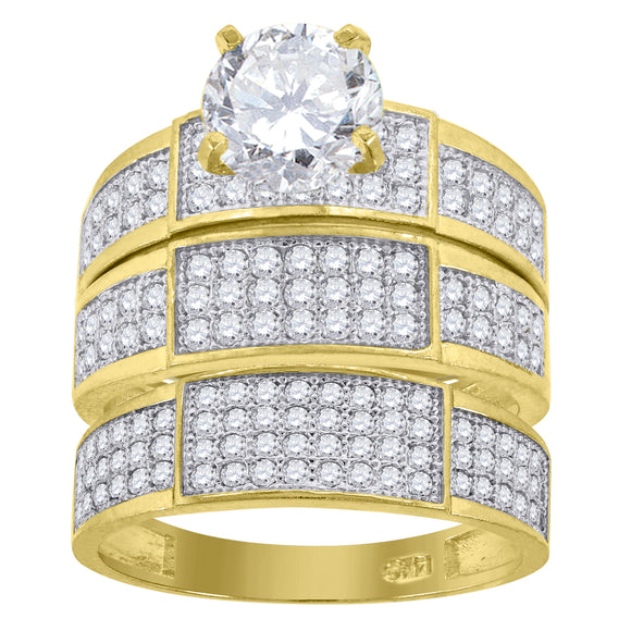 14kt Gold Womens Two-tone CZ Trio His Hers Center Stone Wedding Engagement Bridal Set Band Ring