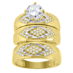 14kt Gold Womens Two-tone Diamond-cut CZ Kite Shape Trio His Hers Center Stone Wedding Bridal Set Ring