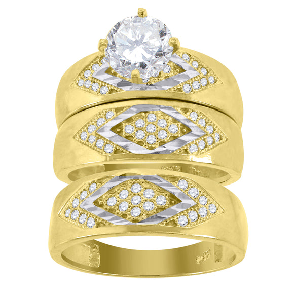 14kt Gold Womens Two-tone Diamond-cut CZ Kite Shape Trio His Hers Center Stone Wedding Bridal Set Ring