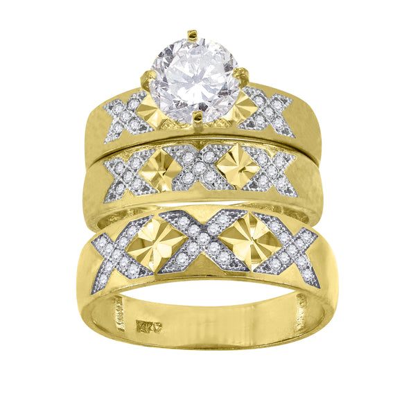 14kt Gold Two-Tone Womens Diamond-cut CZ Trio His Hers Center Stone White Wedding Engagement Bridal Set Ring