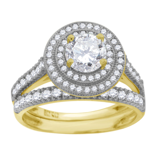 14kt Gold Womens Two-tone CZ Duo Halo Center Stone SZ7 Wedding Engagement Bridal Set Ring