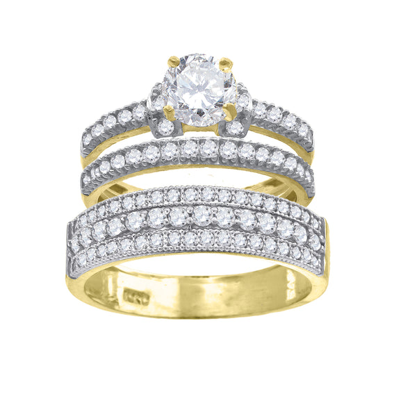 14kt Gold Womens Two-tone CZ Trio His Hers Center Stone White Wedding Engagement Bridal Set Ring