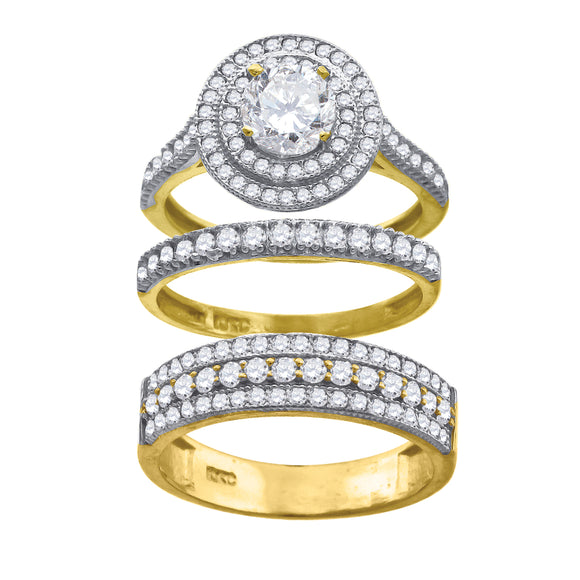 14kt Gold Womens Two-tone Trio His Hers Round Halo Wedding Engagement Bridal Set Band Ring