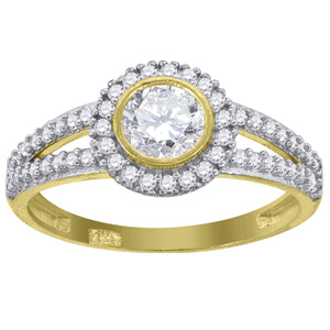 14kt Gold Womens Two-tone CZ Round Halo Center White Stone Wedding Engagement Band Ring