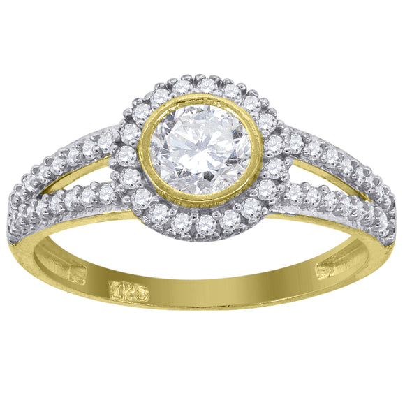 14kt Gold Womens Two-tone CZ Round Halo Center White Stone Wedding Engagement Band Ring