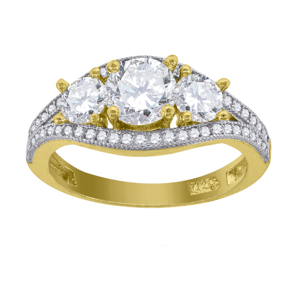 14kt Gold Womens Two-tone CZ 3 Stones Center Wedding Engagement Band Ring