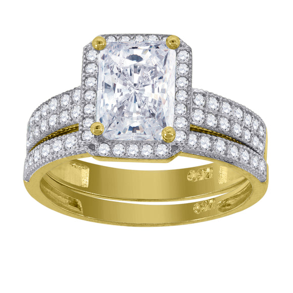14kt Gold Womens Two-tone CZ Duo Emerald-cut Center Stone Wedding Bridal Set Band Ring