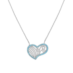 925 Sterling Silver Women Turquoise Cubic Zirconia Rolo Link Heart Necklace