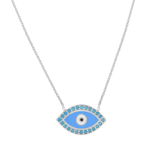 925 Sterling Silver Women Turquoise Cubic Zirconia Rolo Link Evil Eye Turquoise & White Enamel Necklace