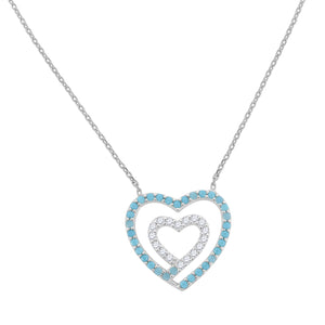 925 Sterling Silver Women Turquoise & White Cubic Zirconia Rolo Link Heart Necklace