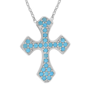 925 Sterling Silver Women Turquoise Cubic Zirconia Rolo Link Cross Necklace