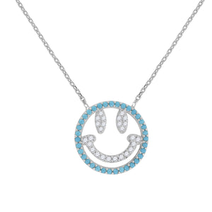 925 Sterling Silver Women Turquoise & White Cubic Zirconia Rolo Link Fashion Smiley Necklace