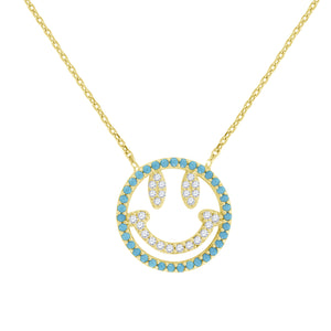 925 Sterling Silver Yellow-Tone Women Turquoise & White Cubic Zirconia Rolo Link Fashion Smiley Necklace