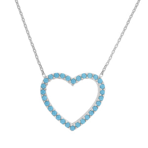 925 Sterling Silver Women Turquoise Cubic Zirconia Rolo Link Heart Necklace
