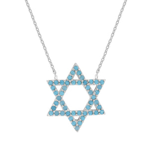925 Sterling Silver Women Turquoise Cubic Zirconia Rolo Link Star Of David Necklace