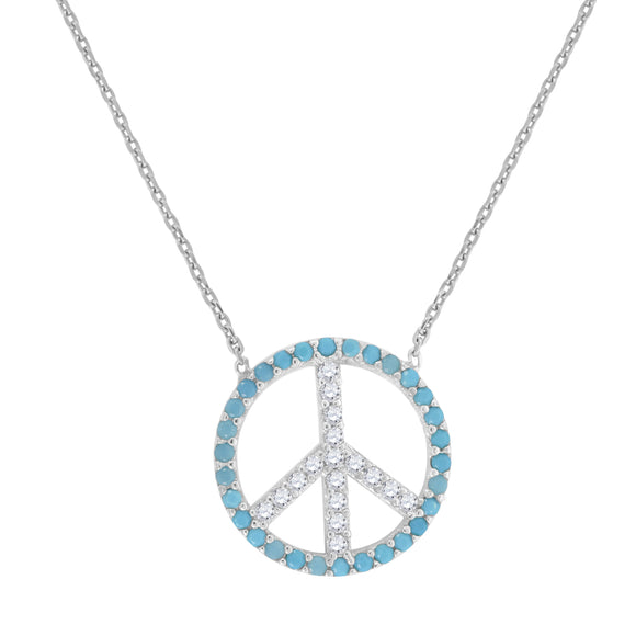925 Sterling Silver Women Turquoise & White Cubic Zirconia Rolo Link Peace Symbol Necklace