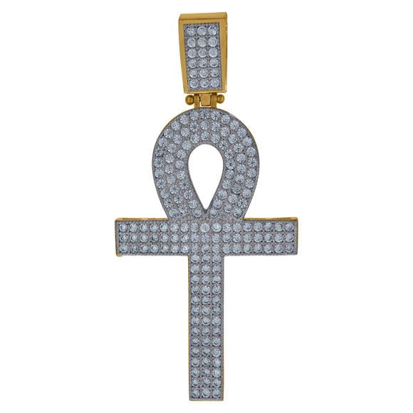 10kt Gold Two-tone Cubic-zirconia Mens Ankh Cross Ht:51.3mm x W:24.2mm Religious Charm Pendant