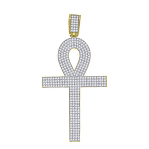 10kt Gold Two-tone Cubic-zirconia Mens Ankh Cross Ht:70.8mm x W:36mm Religious Charm Pendant