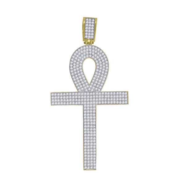 10kt Gold Two-tone Cubic-zirconia Mens Ankh Cross Ht:70.8mm x W:36mm Religious Charm Pendant