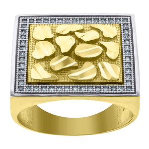 10kt Two-tone Gold Mens Cubic Zirconia Nugget DC Textured Square Signet Ring