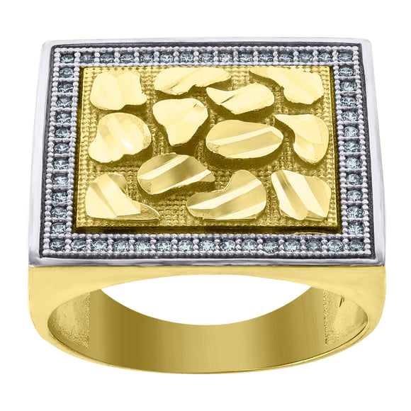 10kt Two-tone Gold Mens Cubic Zirconia Nugget DC Textured Square Signet Ring
