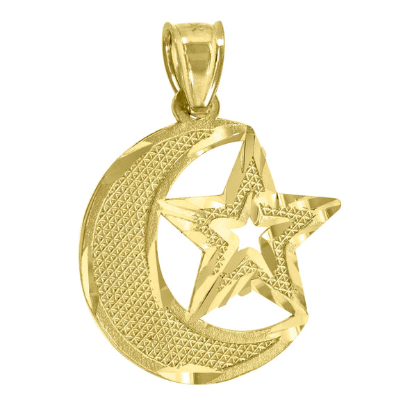 10KT Yellow Gold Mens Moon & Star Celestial Religious Charm Pendant