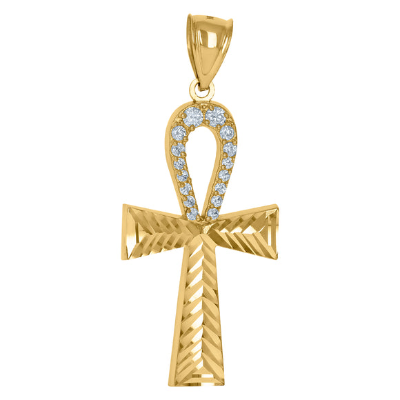 10KT Yellow Gold Mens Cubic Zirconia Ankh Cross Egyptian Religious Charm Pendant