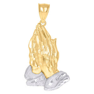 10kt Gold Two-tone Textured Mens Praying Hands Ht:49.4mm x W:25.7mm Religious Charm Pendant