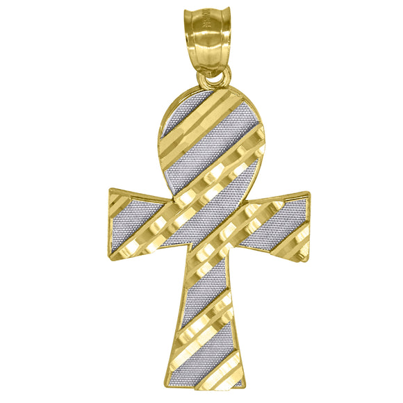 10kt Gold Diamond-cut Two-tone Textured Mens Ankh Cross Ht:46.3mm x W:23.2mm Religious Charm Pendant