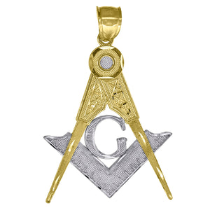 10kt Gold Two-tone Textured Mens Masonic Ht:55.1mm x W:35.1mm Religious Charm Pendant