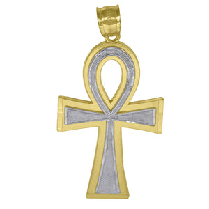10kt Two-tone Gold Unisex Textured Ankh Cross Religious Charm Pendant