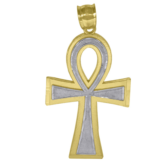 10kt Two-tone Gold Unisex Textured Ankh Cross Religious Charm Pendant