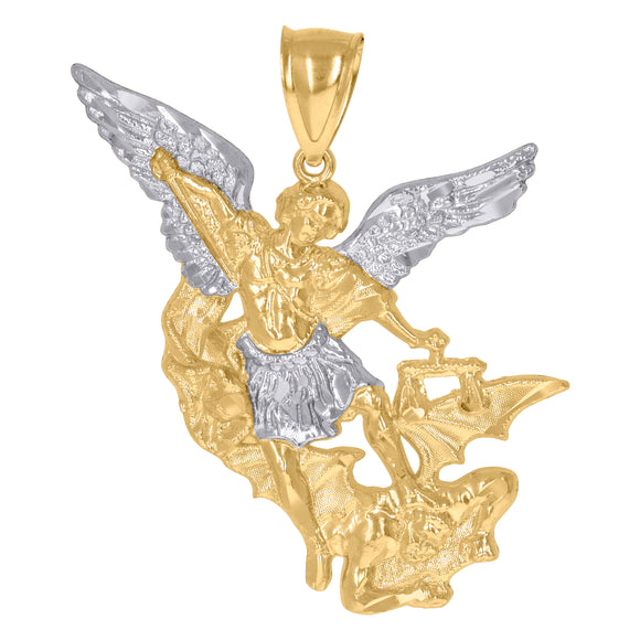 10kt Gold Two-tone Diamond-cut Mens Saint Michael Slaying Dragon Ht:47.6mm x W:17.8mm Religious Charm Pendant