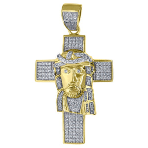 925 Sterling Silver Yellow-tone Mens CZ Jesus Cross Religious Charm Pendant