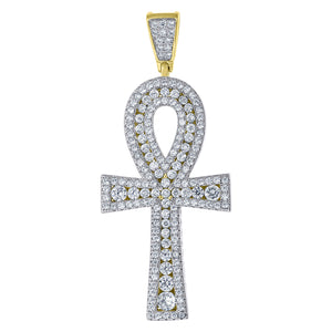 925 Sterling Silver Yellow-Tone Unisex CZ Ankh Cross Religious Charm Pendant