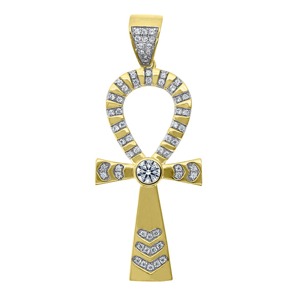 925 Sterling Silver Yellow-Tone Unisex CZ Ankh Cross Religious Charm Pendant