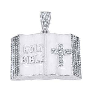 925 Sterling Silver Mens Cubic Zirconia Religious Holy Bible Cross Charm Pendant