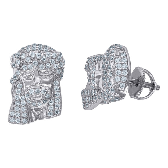 925 Sterling Silver Mens Cubic Zirconia Jesus Religious Stud Earrings
