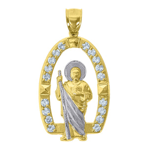 10kt Gold Two-tone Cubic-zirconia Mens Saint Jude Ht:54mm x W:28.2mm Religious Charm Pendant